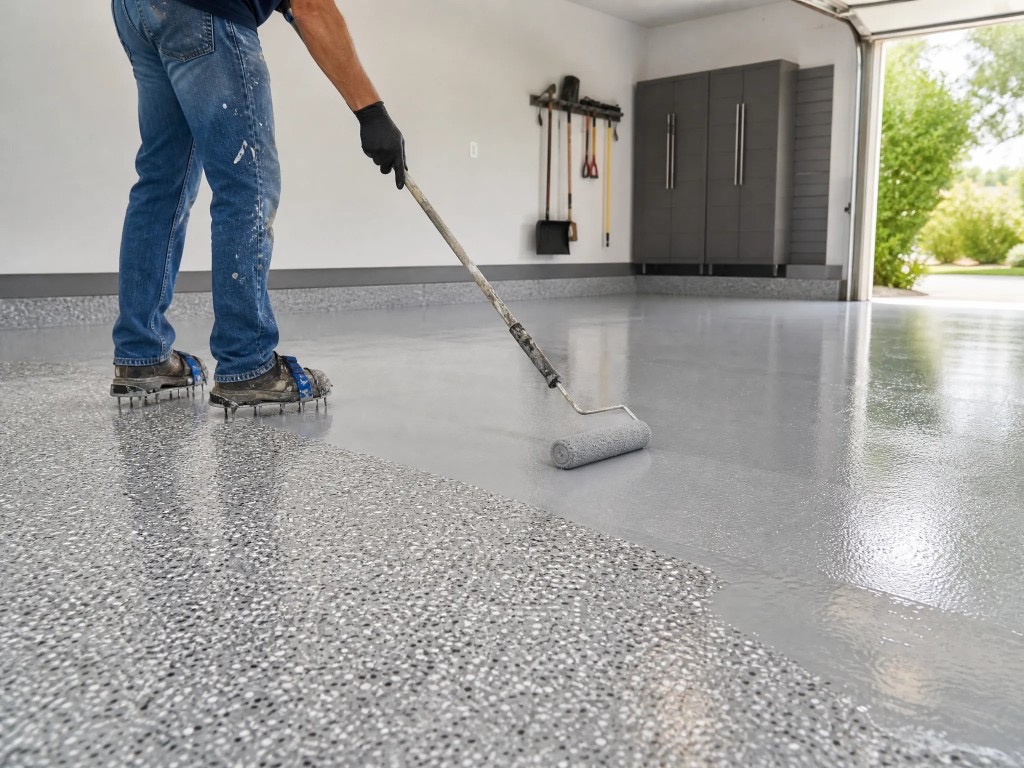 Contractor applying epoxy topcoat with a roller over decorative flake flooring in a Ventura garage