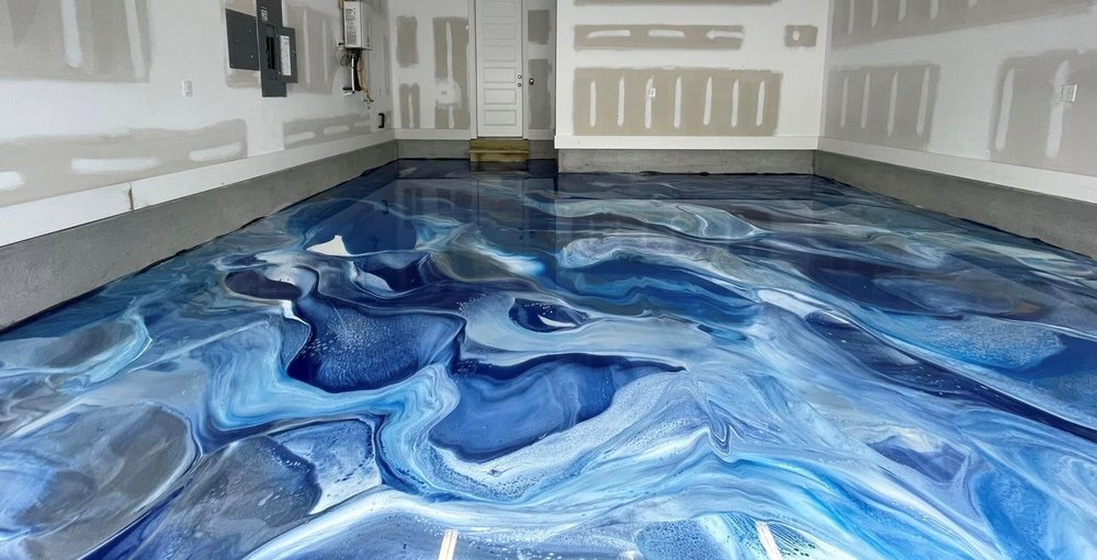 Metallic epoxy floor finish in a Ventura home