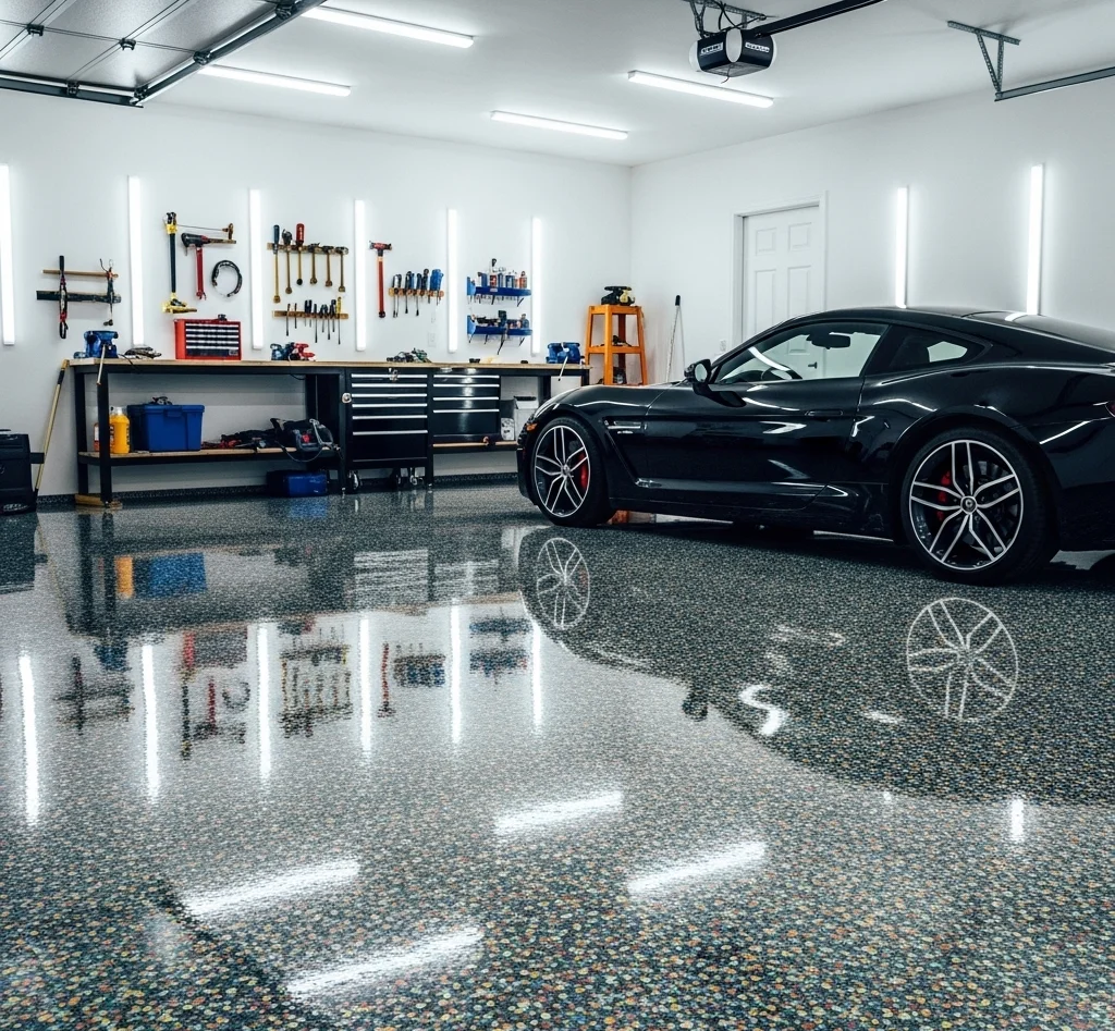 High-gloss polyurea garage floor coating with decorative flake finish in Ventura, CA